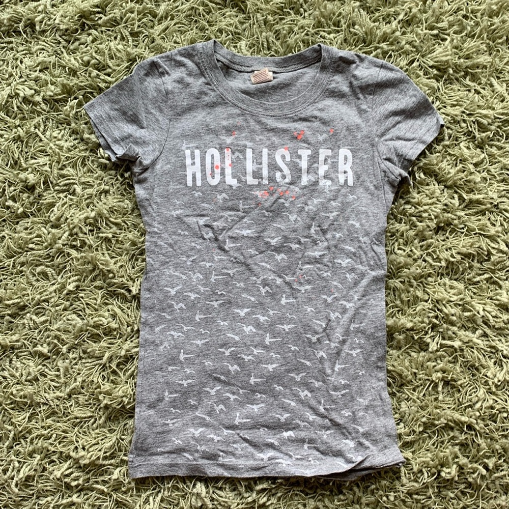 Vintage Hollister gray t-shirt with seagulls and coral paint splatter - small